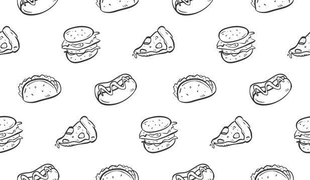 Fast food doodle background. Snacks pattern background. Convenience food seamless pattern. Line art of drink and eatery hand drawn with burger, pizza, hotdog, sandwich.