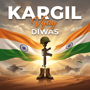Memorial tribute illustration featuring military boots helmet rifle and national flags against a mountainous battlefield background with displays patriotic graphic military gear