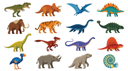 Fototapeta premium Prehistoric creatures and dinosaurs bundle clipart. Ancient wild fauna flat style icons. Ice age giant animals set.