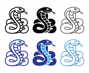 Cobra snake icon set with aggressive pose design in multiple art styles isolated on white background.
