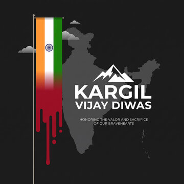 Celebrating kargil vijay diwas, Memorial tribute graphic design featuring national flag mountains and map silhouette for remembrance day with independence illustration commemorate