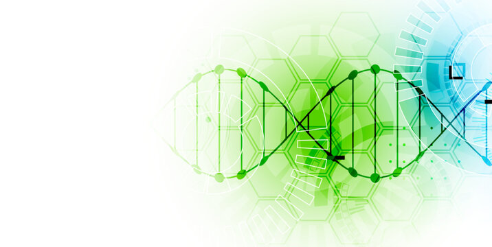 Abstract biotechnology background with a green and blue DNA double helix molecule and hexagonal patterns on a white background.