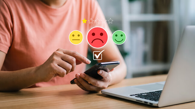 Customer giving a onestar rating on a smartphone, expressing dissatisfaction with a service or product, negative feedback concept