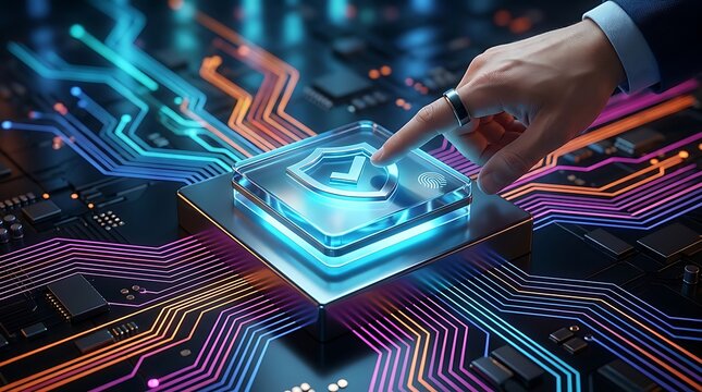 Cybersecurity protection activating with glowing circuit board and human finger