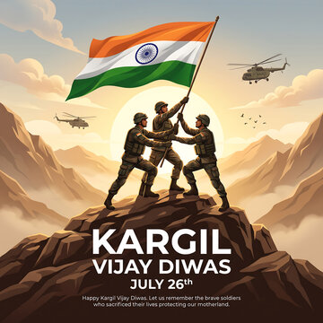 Three soldiers raising a tricolor flag on a mountain peak with helicopters in the background during sunset with helicopters flying sky depicts three