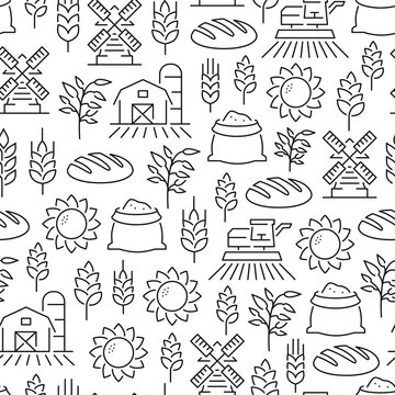 Seamless pattern with grain. Black and white thin line icons