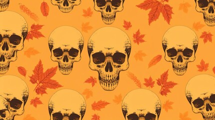 Fototapeta premium Skulls and autumn leaves pattern design.