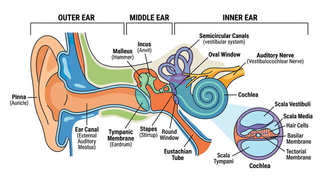 Human Ear Anatomy Diagram: Outer, Middle, and Inner Ear Structures