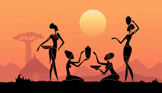 Traditional African women silhouettes in a landscape with a sunset and baobab tree