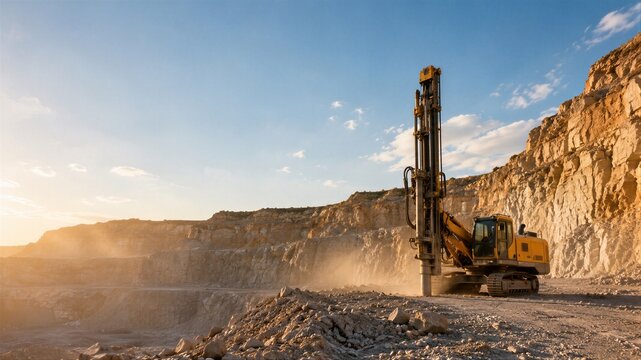Industrial crawler drill rig operating in open pit mine landscape. Heavy machinery drilling stone rock for extraction of resources. Mining industry equipment and construction work site