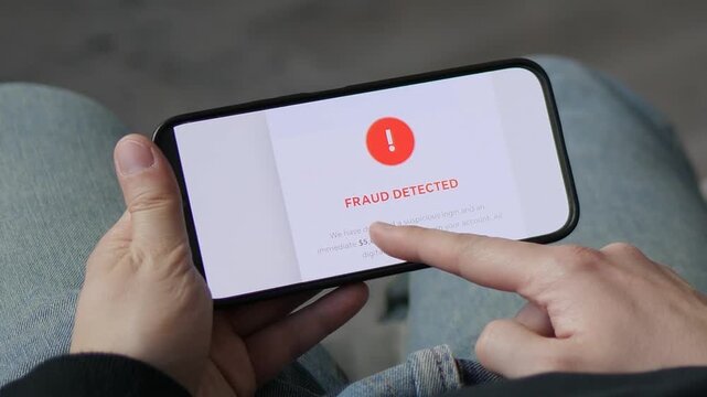 Urgent banking security warning on a smartphone. User sees a critical fraud alert locking all digital operations. Ideal for mobile banking apps, financial safety tutorials, and secure authentication d