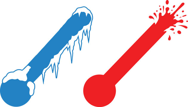 Hot and cold thermometer concept icons, freezing winter ice and boiling heat explosion symbols, climate change temperature indicator elements