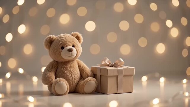 A cute brown teddy bear sitting next to a wrapped cardboard gift box on a clean surface with glowing soft golden fairy lights in the blurred backgroun