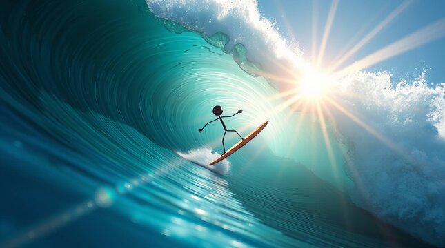 Surfer riding wave on sunny day.