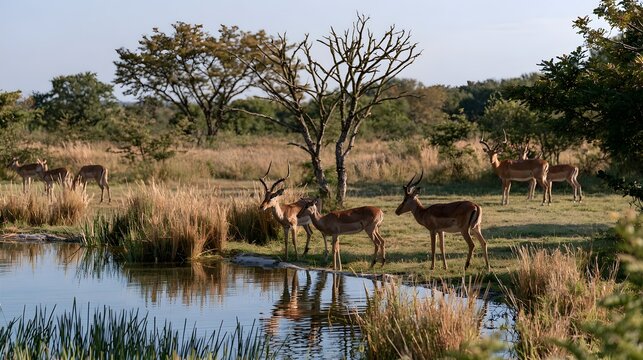A herd of antelopes gathers around a calm waterhole under bright sunlight with scattered trees and tall grasses