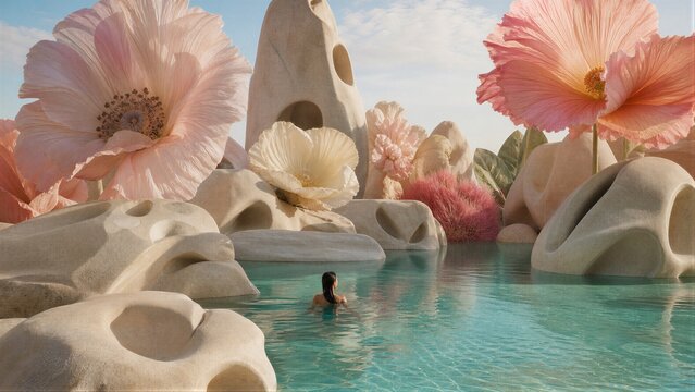 Woman swimming in a surreal pool with giant flowers and abstract stone rock sculptures. Fantasy landscape with floating flora. Concept of dreamlike relaxation and wellness resort