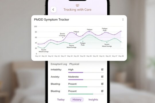 Smartphone screen with PMDD symptom tracker app displaying medical data chart for woman. Menstrual cycle monitoring, hormonal health and mental wellbeing analysis. Digital diagnostic tool.