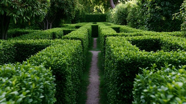 A narrow dirt path winds through an intricate maze of tall  lush green hedge bushes under d d sunlight