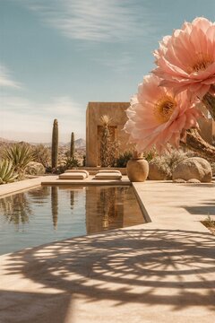 Luxury villa swimming pool in desert landscape with blooming cactus flower. Remote oasis destination for summer travel relaxation, meditation, yoga, and wellness retreat design concept