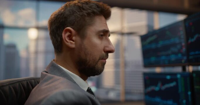 Arc Portrait of Trader Analysing Equity Charts and Financial Analytics Displayed Across a Multi-monitor Desk Setup, Market Trends and Ticker Data, Investment Asset Management and Wealth Growth