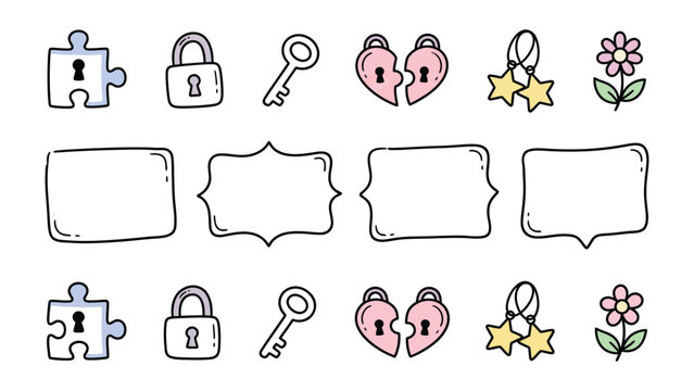 Doodle Icon Set: A collection of charming hand-drawn doodle icons including puzzle pieces, locks, keys, broken hearts, stars, flowers, and empty speech bubbles.