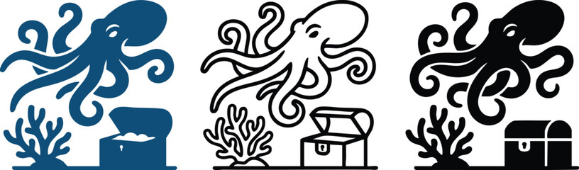 Cute cartoon octopus swimming above a valuable sunken treasure chest with vibrant coral reef illustration © GraphicGrove