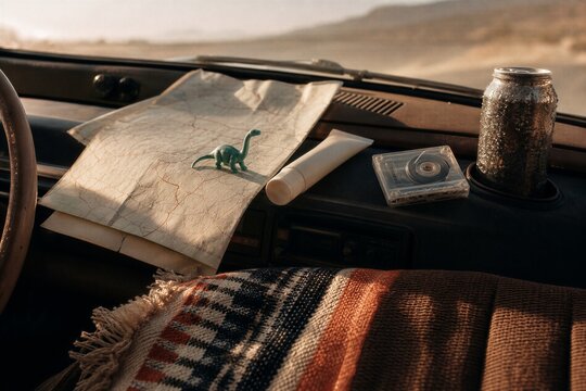 Accessories on car dashboard with map, toy dinosaur, cassette, and drink. Road trip adventure concept with vintage travel items inside vehicle. Golden hour lighting during journey