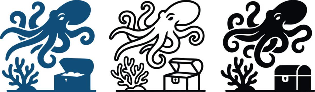 Cute cartoon octopus swimming above a valuable sunken treasure chest with vibrant coral reef illustration