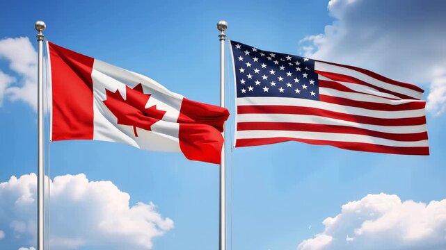 Flags of canada and the united states flying side by side 4k video
