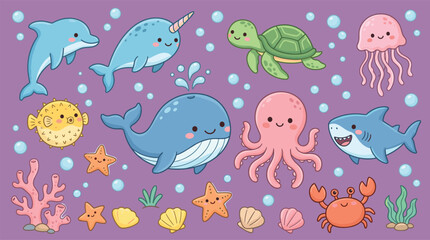 Cute cartoon sea animals vector element sticker sheet featuring whale dolphin narwhal shark octopus jellyfish turtle crab pufferfish and coral reef details © Lili Begum