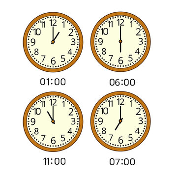Educational analog clock worksheet featuring full-hour time examples for children. Ideal for learning to tell time, classroom activities, homeschooling, printable worksheets, and educational resources