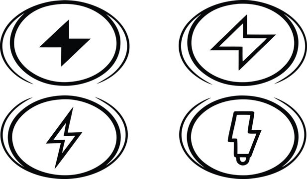 Silhouettes of different Lightning bolt emblems in circle. Electric charge pictogram, thunder warning design..eps