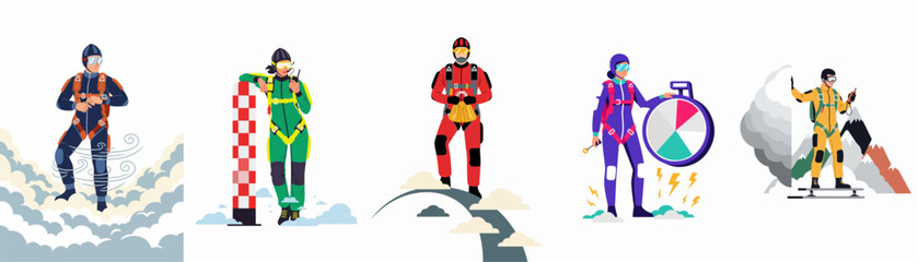 Collection of professional skydivers and base jumpers in colorful jumpsuits with specialized equipment set against high-altitude backgrounds. © Sri