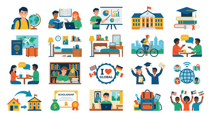 Fototapeta premium Flat Vector Icons for Education and Travel - Global Learning Student Life