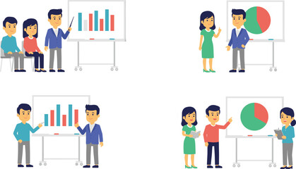 Fototapeta premium Business Presentation and Financial Analytics Meeting Icon Set Featuring Office Workers Explaining Corporate Sales Growth Charts on Whiteboards