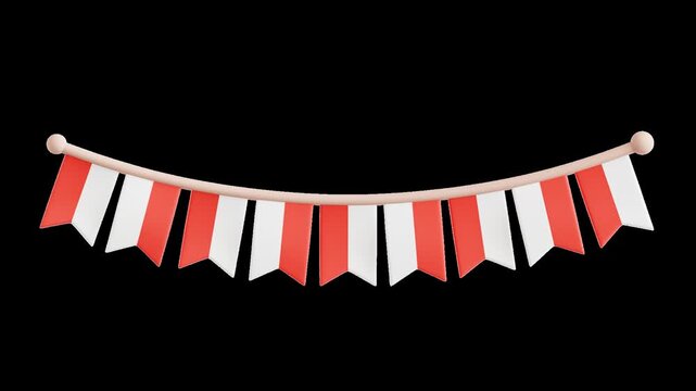 Hanging red and white pennant flags swaying on string festive party decoration