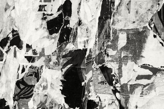 Old ripped torn black and white fly posters textures backgrounds grunge creased crumpled paper vintage collage placards square empty space for text	