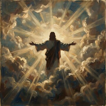 jesus christ ascending to heaven in clouds with light
