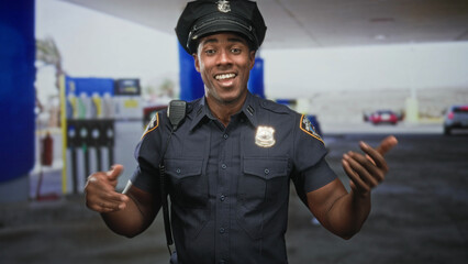 Man in police uniform points to badge and points finger at chest, smiling with visible hands, gas station canopy on street  pride duty. © Krakenimages.com