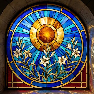 vibrant stained glass window with assumption of mary theme