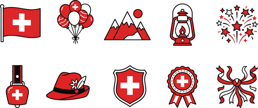 Swiss national day vector icons red and white color vector graphics for switzerland themed designs and celebrations