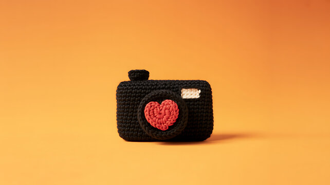 Crochet camera toy with red heart lens, on orange background, black