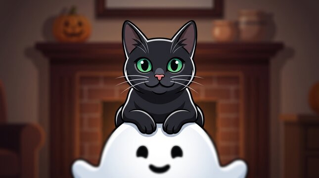 Cute Black Cat on Ghost Vector SVG | Playful Halloween Cat Character | Premium Halloween Illustration