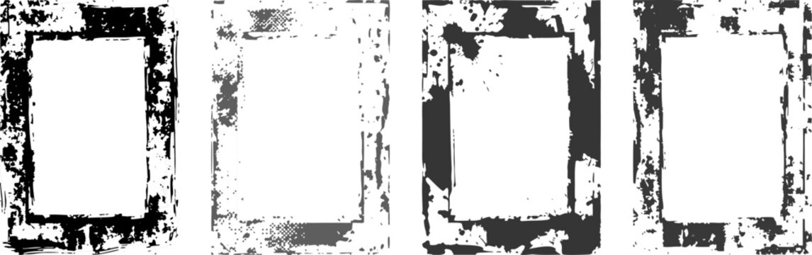 Set of four rectangular grunge frames with distressed edges and textured borders isolated on a plain white background for design