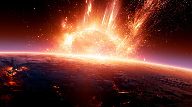 Epic space scene of a planet exposed to an enormous solar plasma burst, illuminated atmosphere, energetic particles, and dramatic cosmic lighting, symbolizing astronomy, planetary
