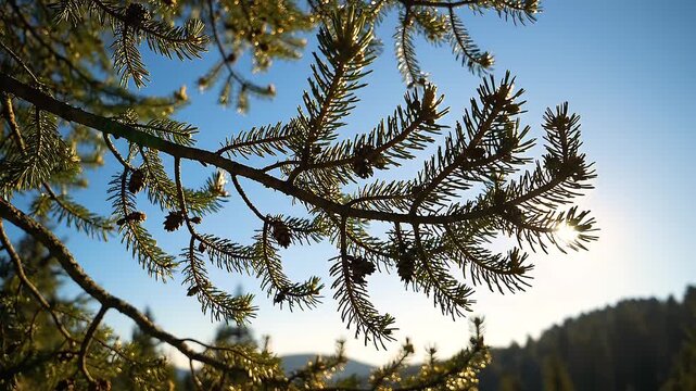 Sunlight rays filtering through evergreen coniferous branches with small pine cones in a tranquil forest environment under a clear blue sky