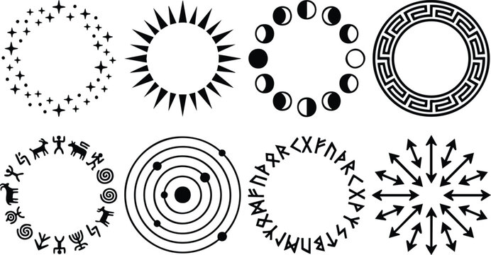Diverse collection of ancient symbols and abstract round frames including sun moon stars runes and primitive cave art vector graphics