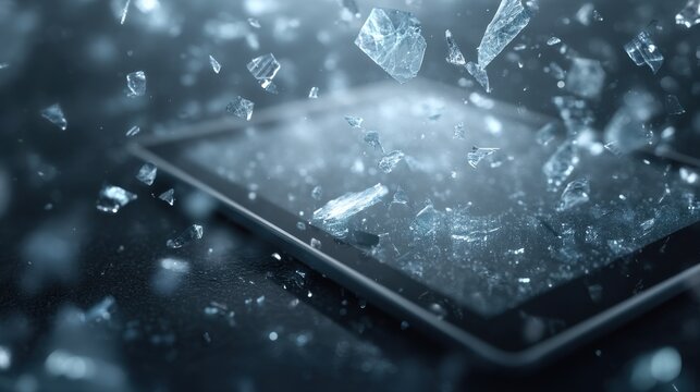 Broken Tablet Display Surrounded By Shattered Glass Pieces Against A Dark Backdrop