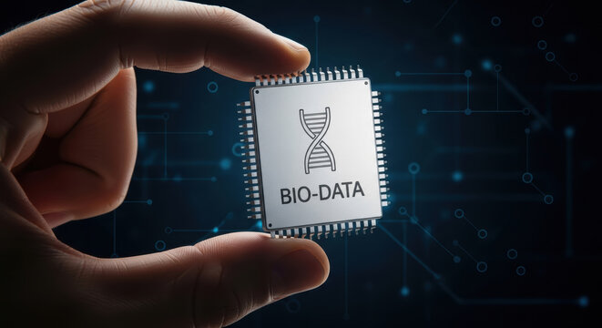 Bio data chip in hand for biohacking longevity research on digital network background