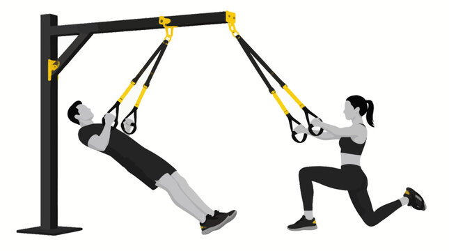 Couple performing suspension strap exercises in gym setting